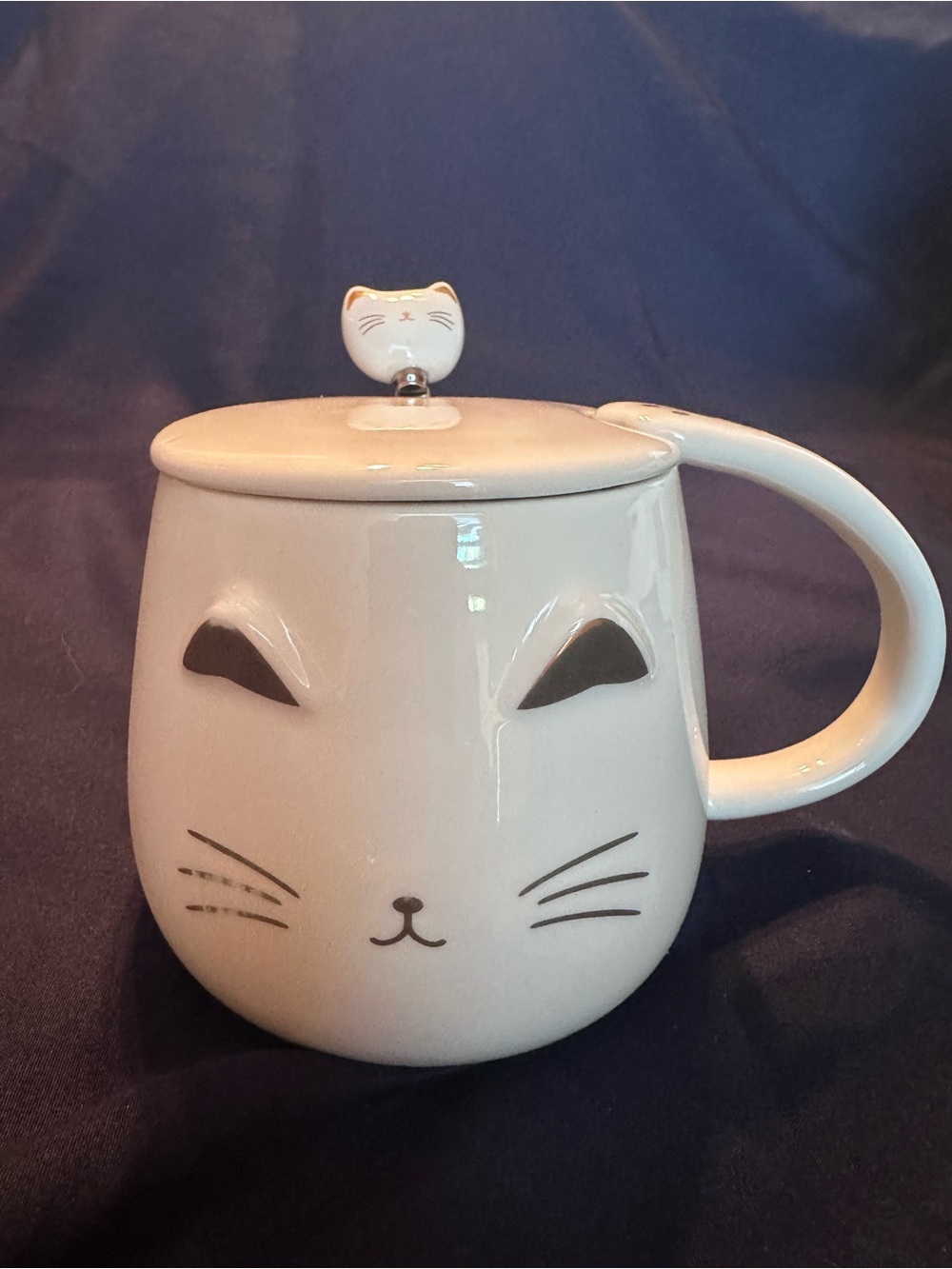 Cute Ceramic Cat Coffee Mug Set with Lid Spoon Kawaii White Cat Cup 13.5oz NIB